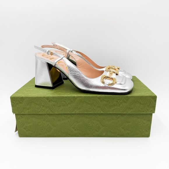 Gucci Baby Horsebit Metallic Silver Slingback Block Heels Size 37.5, 7.5 - Picture 3 of 16